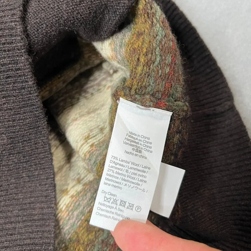 J.Crew Cardigan Sweater Men Medium Brown Ivory Fair Isle Wool Blend Button Front